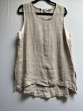 Banana Blue Oatmeal 100% Linen Sleeveless Tunic Top Asymmetrical Hem Size L
